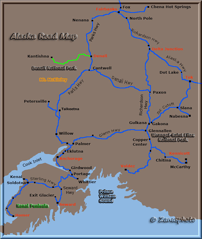 Alaska, Highway Map auf einer Seite
