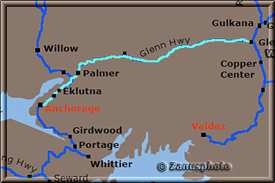 Glen Highway, Map des Highway entlang der Route