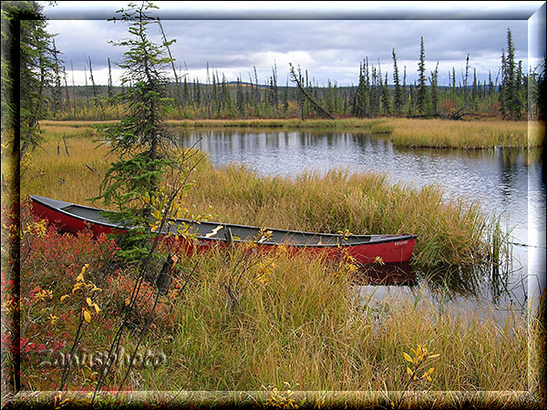Alaska, ein rotes Kanu im Uferbereich eines einsammen Lake