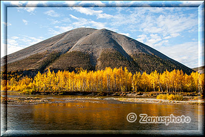 River mit gelben Aspen und Berg im Hintergrund