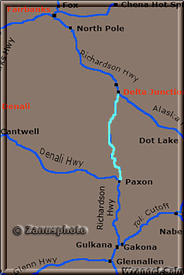 Ausschnitt der Alaska Road Map im Bereich Paxson bis Delta Junction
