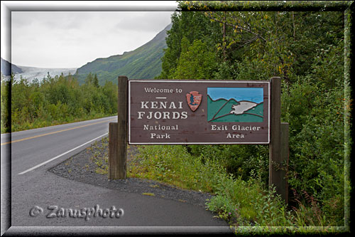 Exit Glacier, Hinweisschild zum Glacier