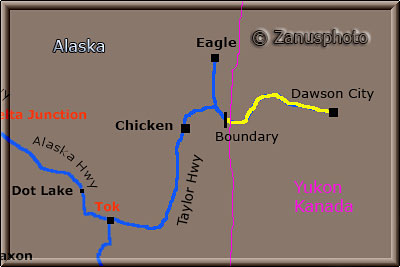 Taylor Highway und Top of the World Highway als Ausschnitt aus der Alaska Road Map