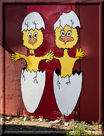 Alaska, Chickenfiguren in Eierschalen an der WC-Wand