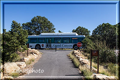 Ein am Hermits Rest Rim Drive vorbei fahrender Shuttle Bus im Grand Canyon