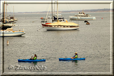 Monterey, zwei Kanuten paddeln vor uns durch das Wasser