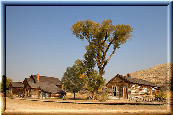 Ghosttown Bannack, mit Bäumen und Strassenzenen im Ortskern