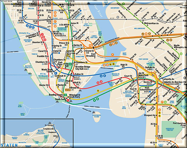 New York City - Subway fahren, Netzplan der Subway von Brooklyn nach Manhattan