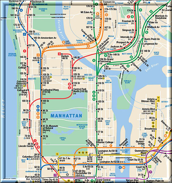New York City - Subway fahren, ein Ausschnitt vom Netzplan mit dem Central Park