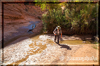 Wanderer mitten im aufgeweichten Creekbett