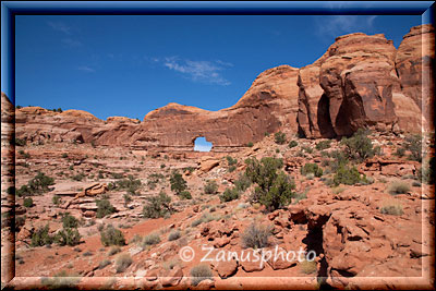 Jeep Arch, nach ettlichen weiteren Laufstrecken sehen wir ihn endlich nach einer Felsecke stehen