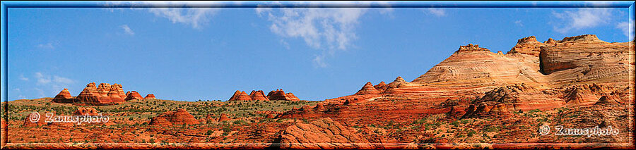 Panorama von north- und south Teepees mit dem Top Rock Massiv