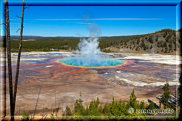 Yellowstone, von hier oben gibt es eine tolle Sicht auf den Midway Geyser Bereich