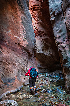 Kanarra Falls, durch die kleinen Wassermassen wird die Wanderin durch den Canyon geleitet